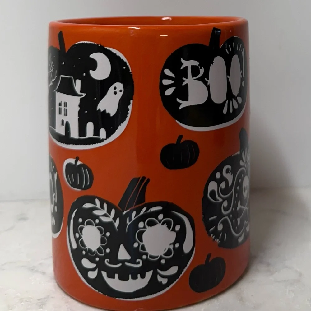 Crate&Barrel Halloween Orange Mug with Black Pumpkin Design